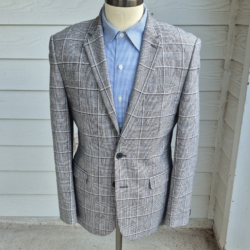 EXPRESS Grey White Plaid Wool Cotton Blend Sz 40 R Extra Slim‎ Mens Sport Coat